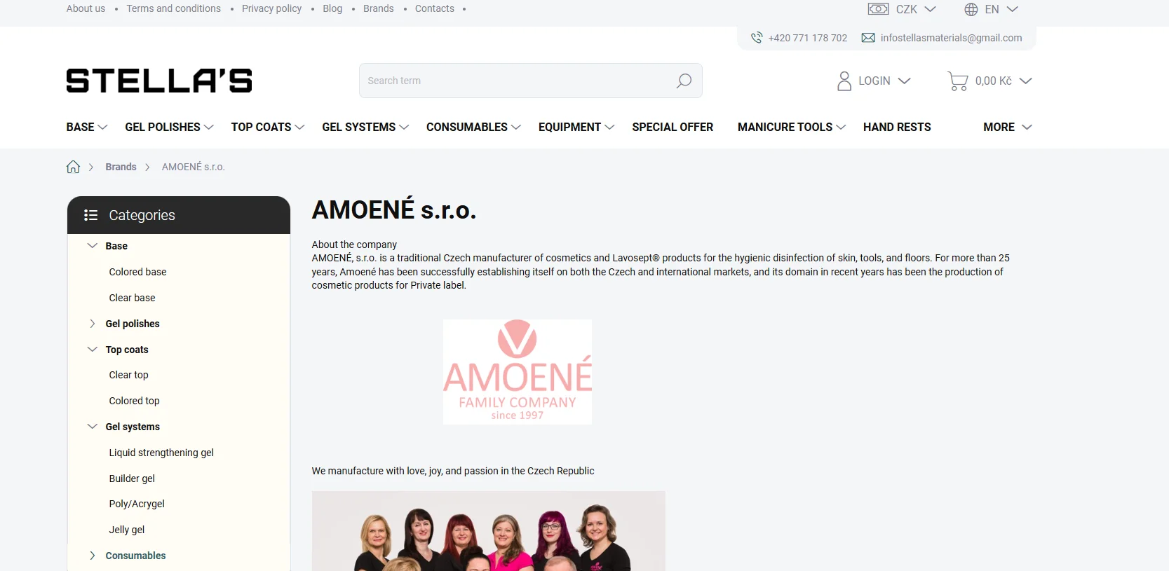 Webpage showcasing Amoené, a Czech manufacturer of cosmetics and hygiene products, with category navigation and brand details.